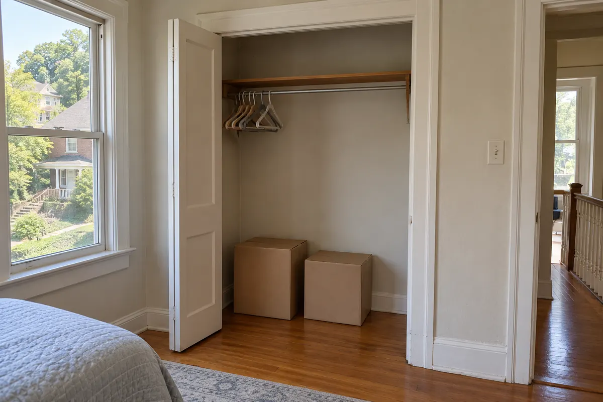 A half-empty closet with boxes on the floor