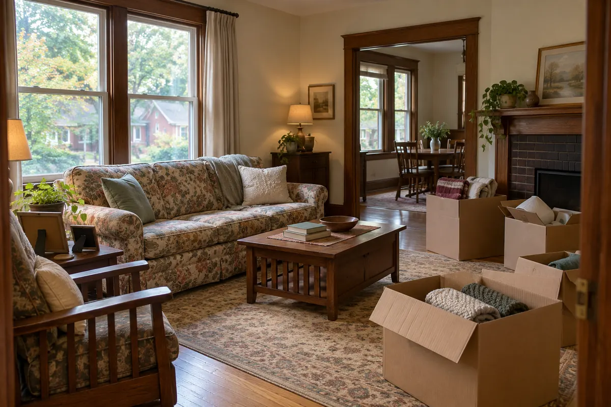 Living room of an older family home with a few packed boxes