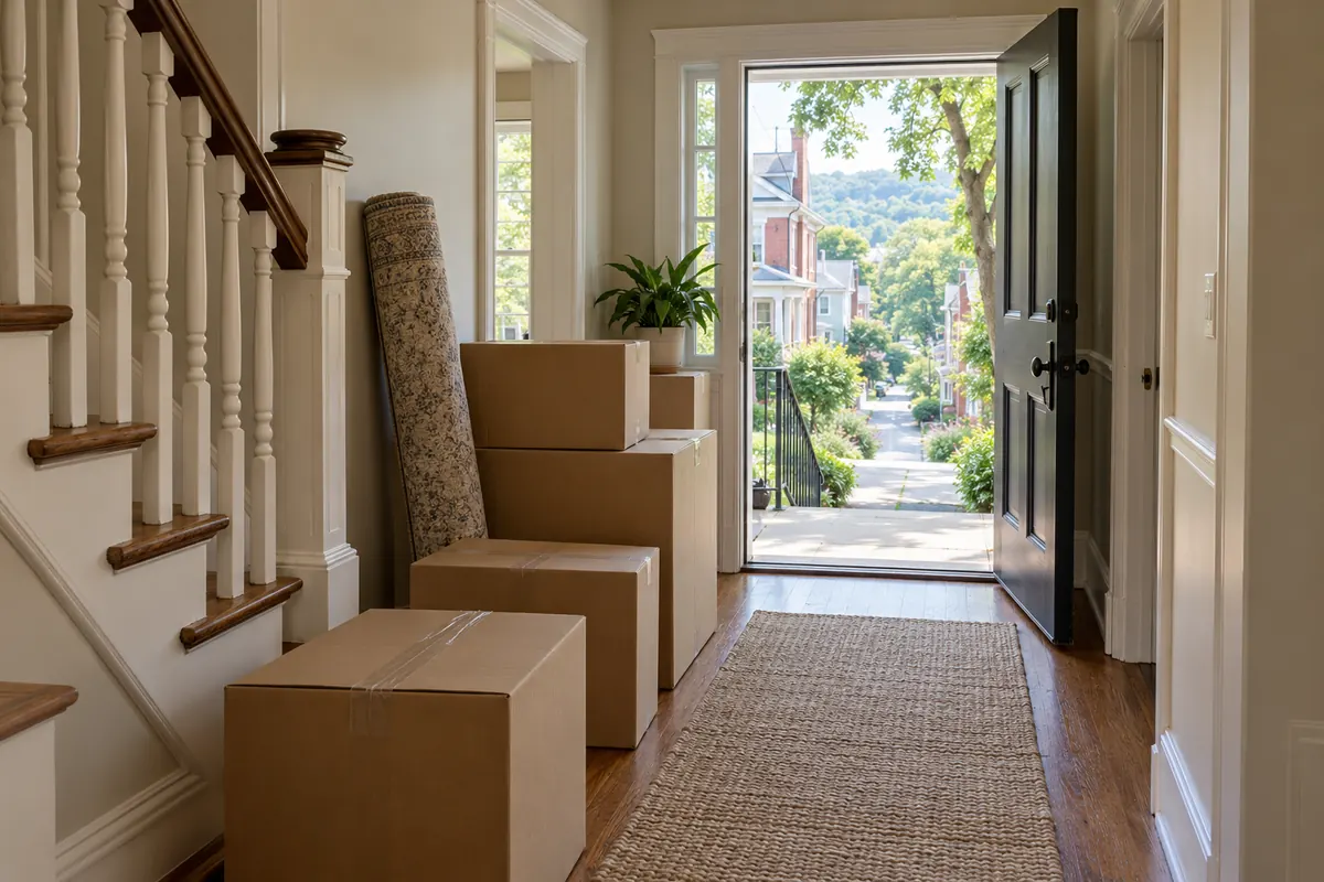 Moving boxes stacked by the front door of a house